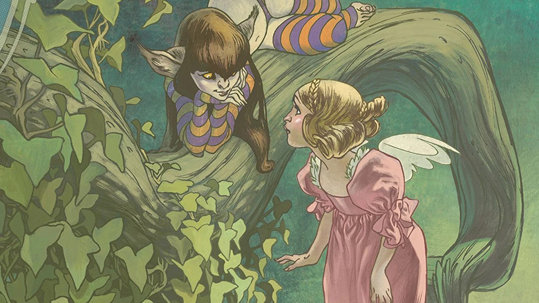 Alice is greeted by the cheshire cat in a tree