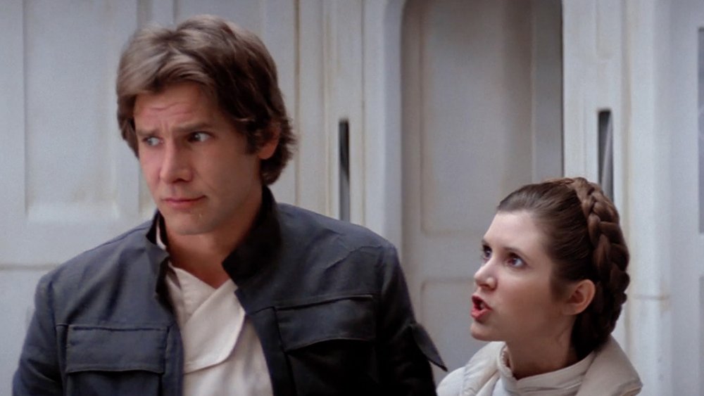 Carrie Fisher as Princess Leia criticizes Harrison Ford as Han Solo in Star Wars: The Empire Strikes Back