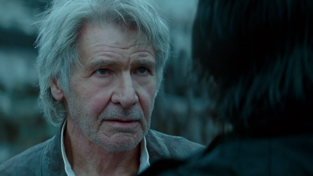 Harrison Ford as Han Solo speaks to Adam Driver as Kylo Ren from beyond the grave in Star Wars: The Rise of Skywalker