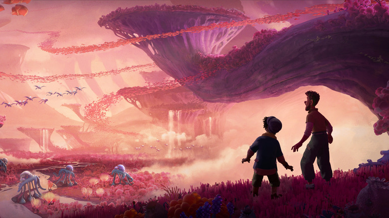 Ethan and Searcher Clade observe creatures in pink fields