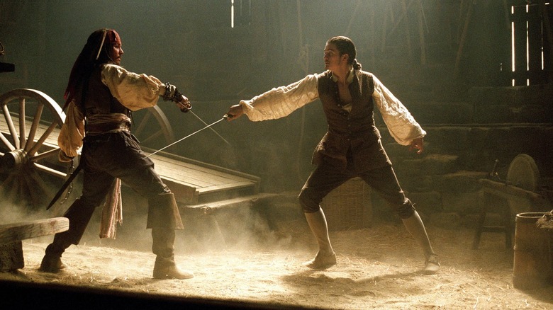 Johnny Depp sword fights Orlando Bloom