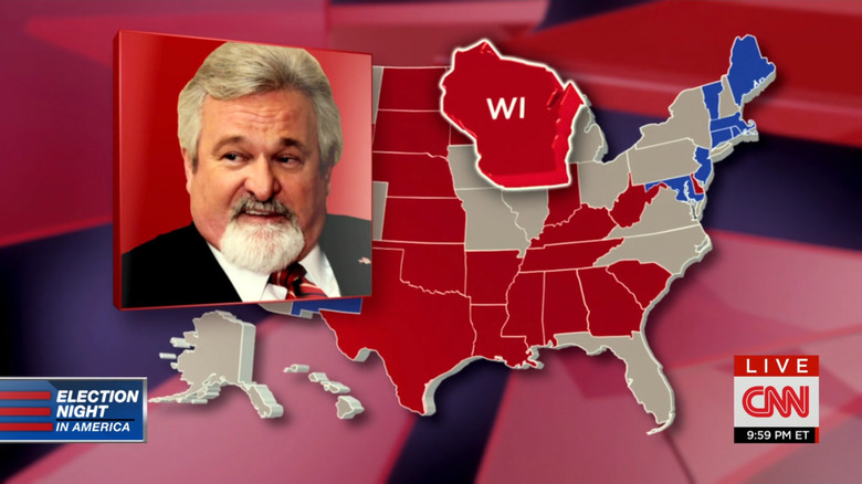 A news graphic of Bill O'Brien in front of a mostly red US map, with Wisconsin highlighted in red