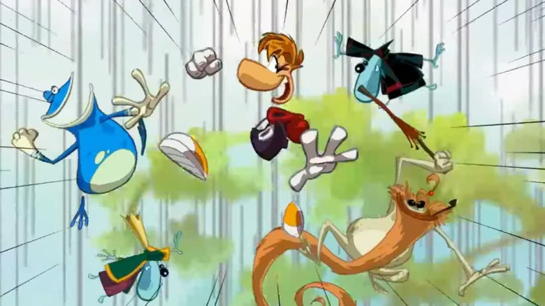 Rayman jumping with his friends