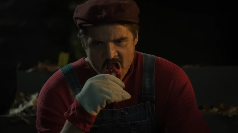 Pedro Pascal angrily eating a mushroom