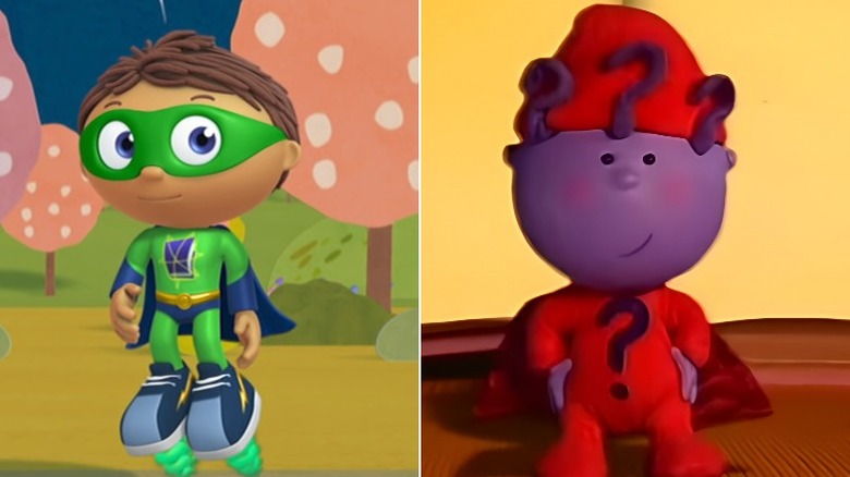 Both versions of Super Why striking heroic poses