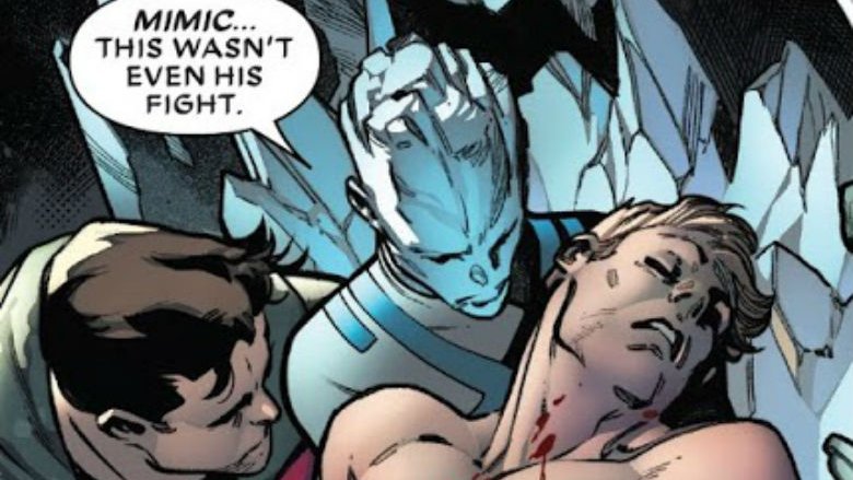 Beast and Iceman retrieving Mimic's body in Extermination #5