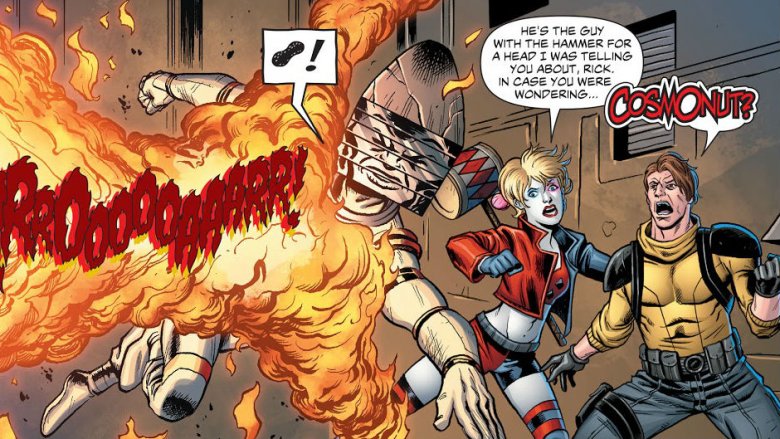 Cosmonut protects Harley Quinn and Rick Flag from a fiery blast in Suicide Squad #50