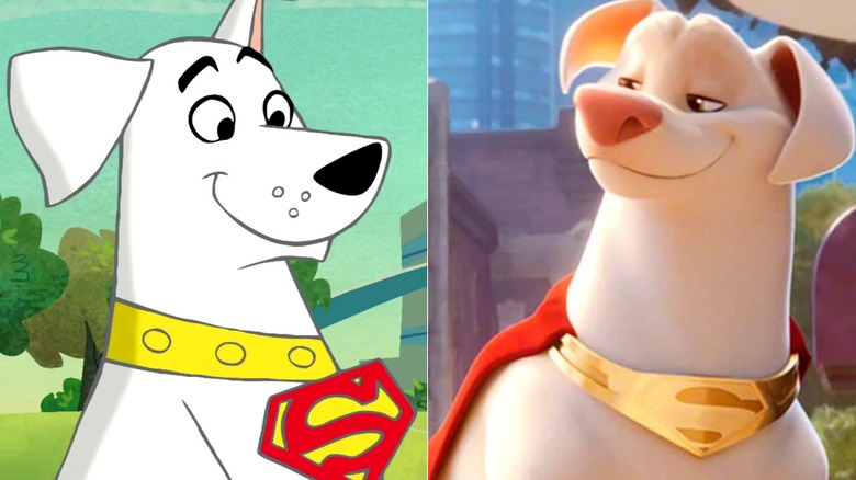 Two animated Kryptos, one from Krypto, the Superdog (2005-2006) and the other from DC's League of Super-Pets (2022)