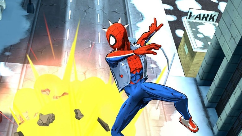 Spider-Punk jumping away from explosion