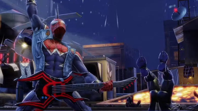 Spider-Punk strumming his guitar after defeating Venom