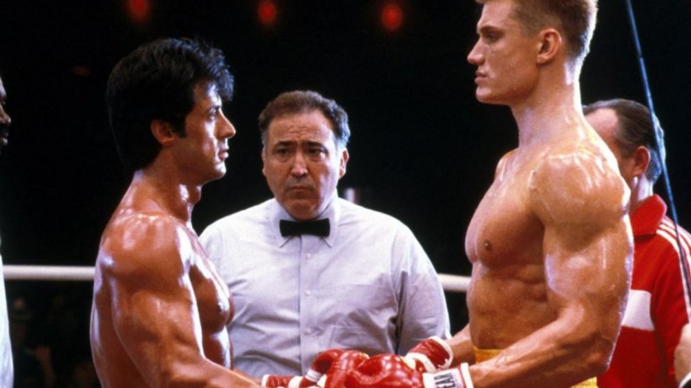 Sylvester Stallone as Rocky Balboa and Dolph Lundgren as Ivan Drago in Rocky IV