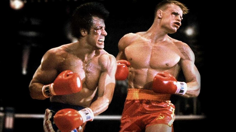 Sylvester Stallone as Rocky Balboa and Dolph Lundgren as Ivan Drago in Rocky IV