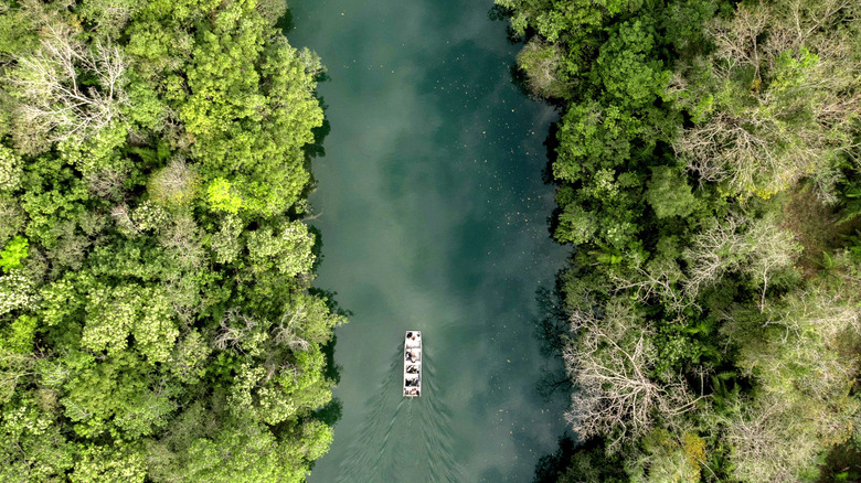 drone shot of boat in river