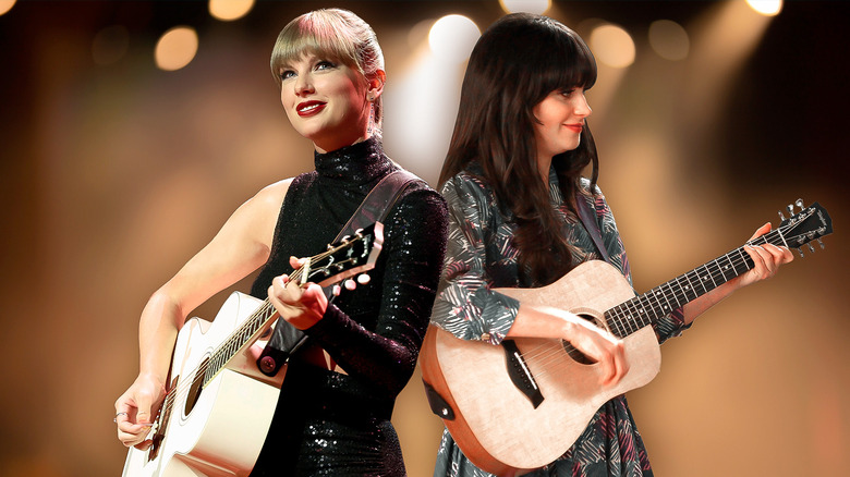 Taylor Swift and Jess Day playing guitars