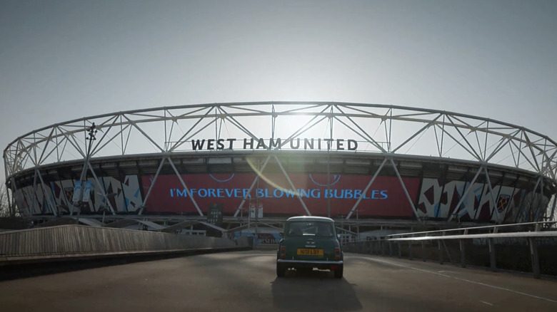 West Ham United stadium which bears the words "I'M FOREVER BLOWING BUBBLES"