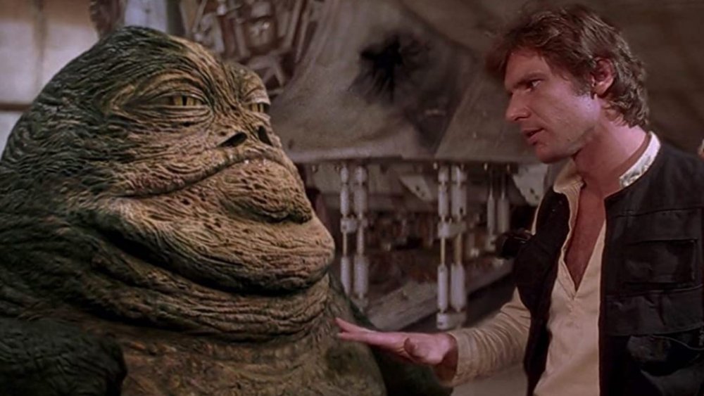Han Solo of Star Wars fame chats with blobfish-like Jabba the Hutt