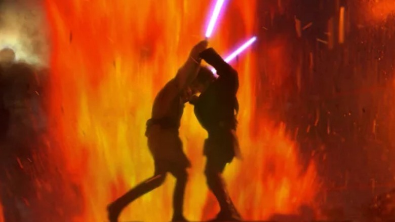 Anakin and Obi-Wan dueling on Mustafar