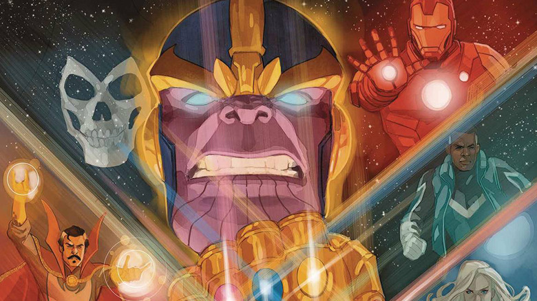 Thanos surrounded by the Illuminhati