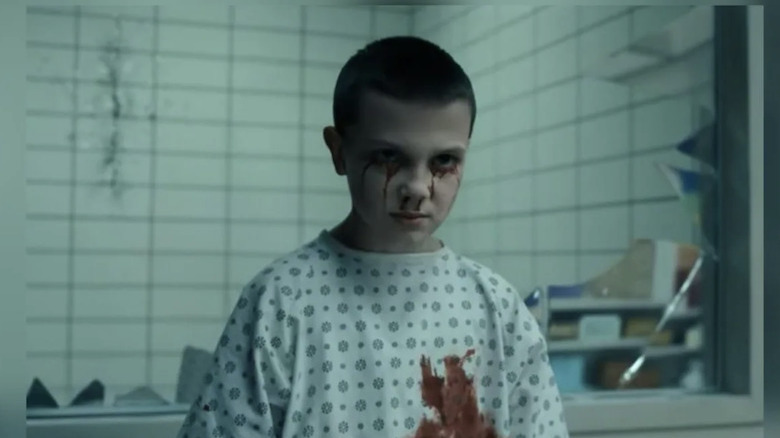 Eleven bleeding from her eyes in the lab