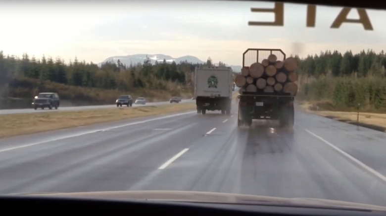 log truck in windshield