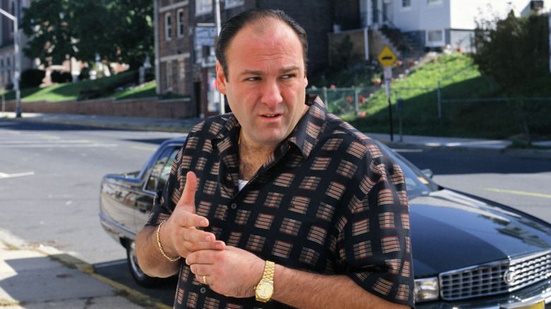 Tony Soprano touching his ring as he stands next to car (2000)