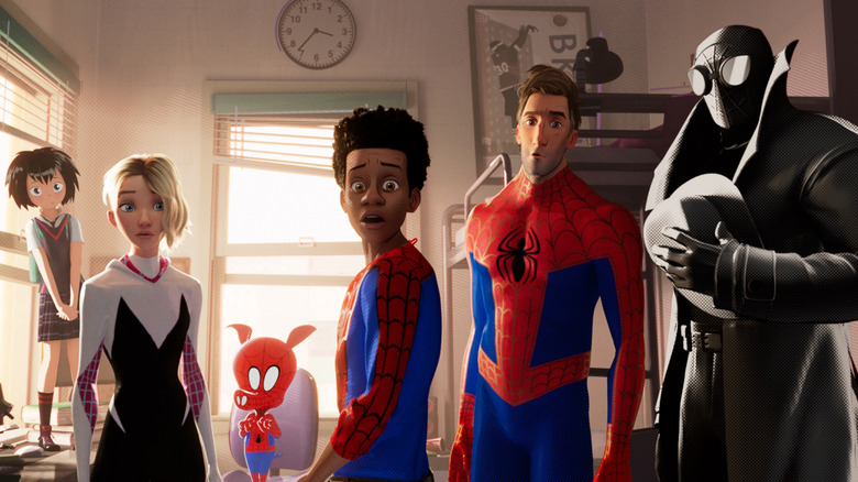 Peni Parker, Spider-Gwen, Miles Morales, Peter B. Parker, and Noir Spider-Man looking surprised