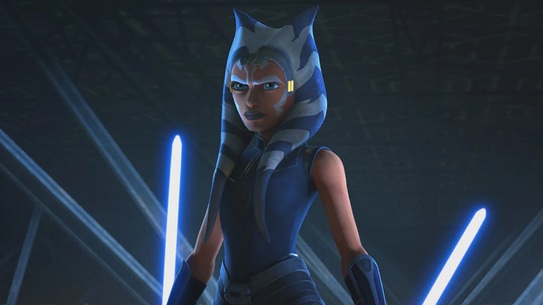 Ahsoka Tano with two blue lightsabers