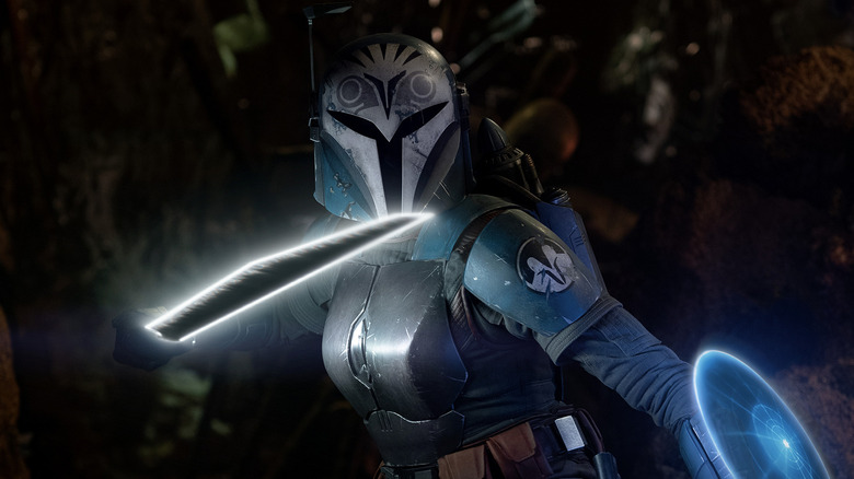 Bo-Katan holding the Darksaber