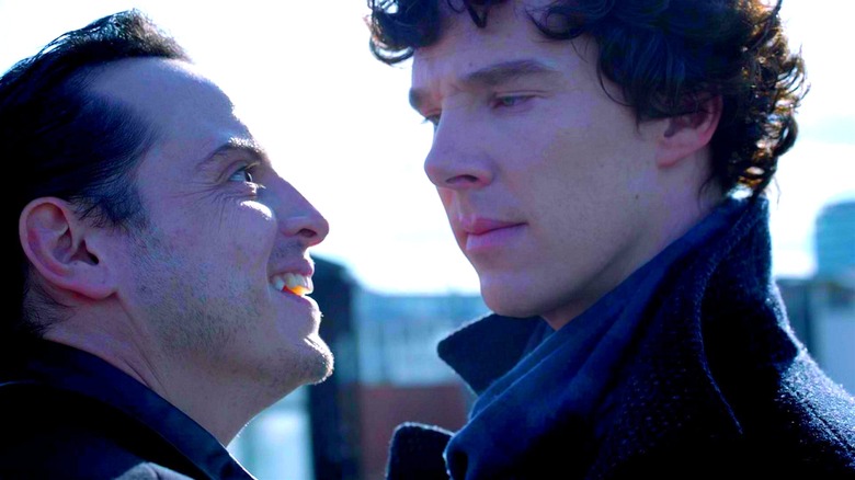 Jim Moriarty facing Sherlock Holmes on a rooftop