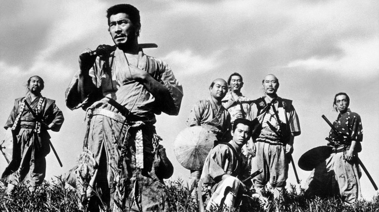 Seven samurai warriors gathered together on a hill in Seven Samurai