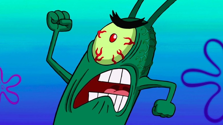 Plankton raising his fist while his blood vessels tense up