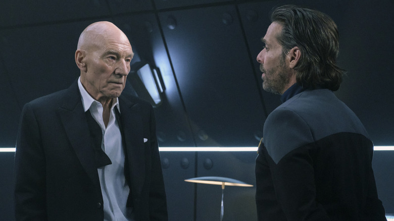 Patrick Stewart and James Callis talking