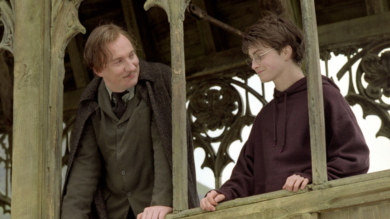 Remus Lupin and Harry talking on a Hogwarts bridge