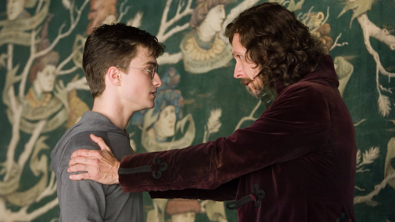 Harry and Sirius talking in front of the Black family tree