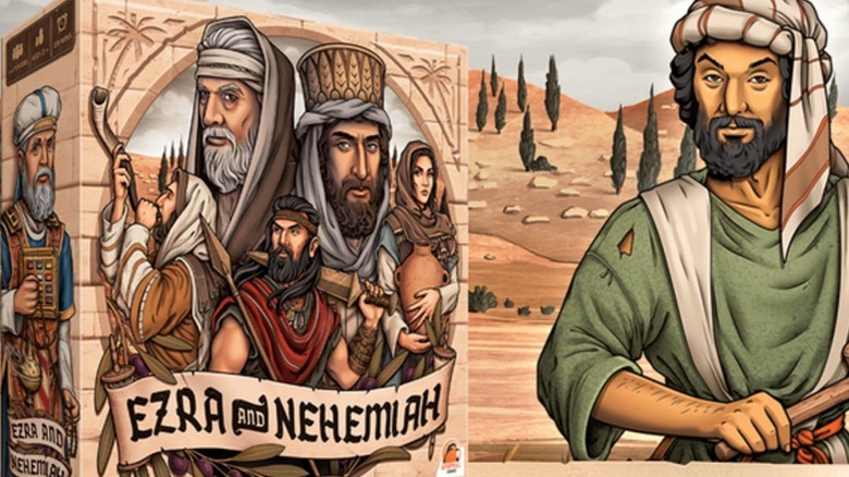 Artwork from Ezra and Nehemiah and the board game box.