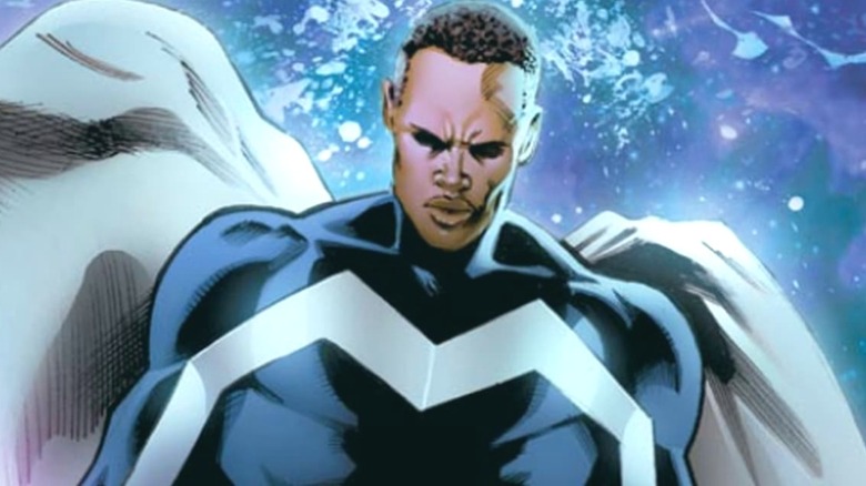 Blue Marvel flying before stars