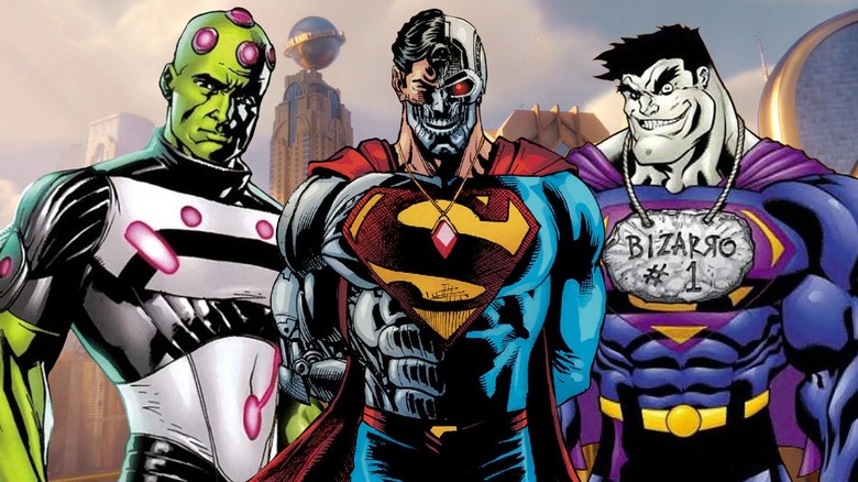 Brainiac, Cyborg Superman, and Bizarro standing together in front of the Metropolis skyline