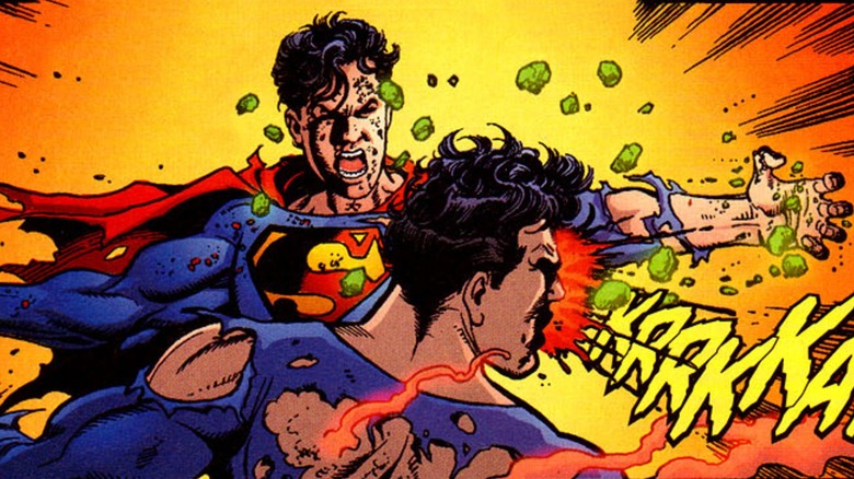 Superboy-Prime beating up Superman