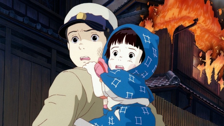 Brother and sister fleeing a burning city