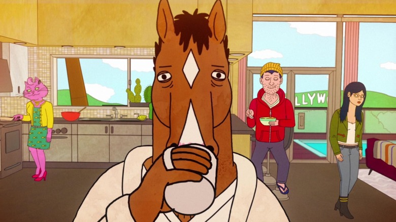 BoJack sips coffee while Princess Carolyn, Todd, and Diane stand in his kitchen