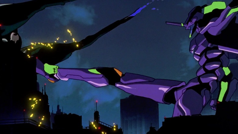 EVA Unit 01 kicks the Angel Sachiel through a city at night