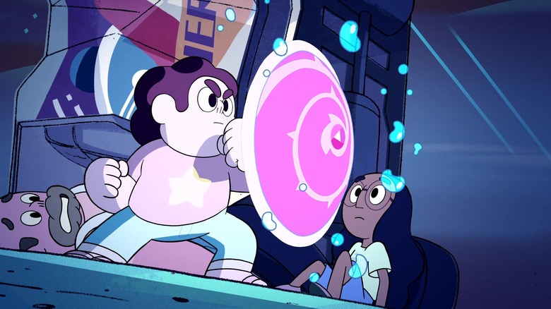 Steven forms his shield, protecting Greg and Connie from a water attack