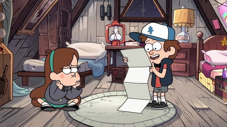 Mabel sits on the floor while Dipper reads a list