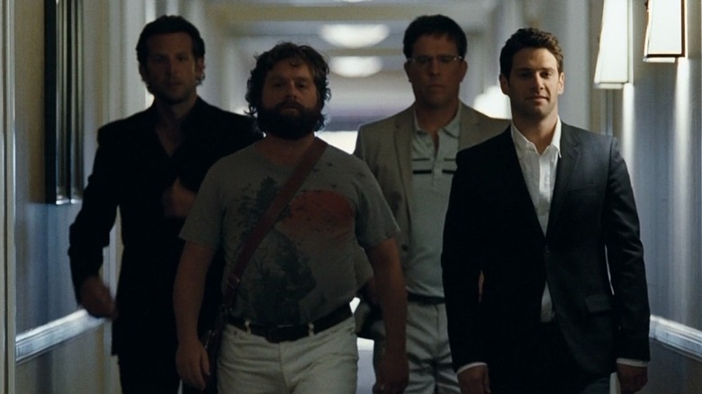 Group walking down corridor in The Hangover