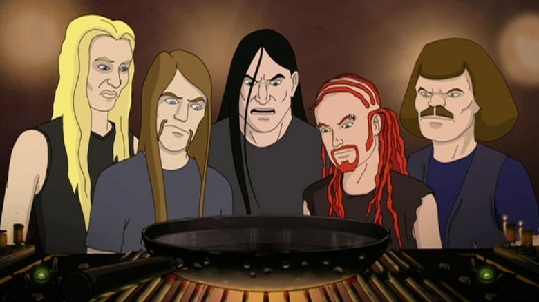 Dethklok looking at frying pan