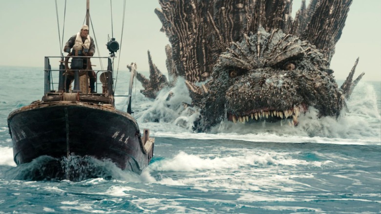 Sailors on boat flee Godzilla