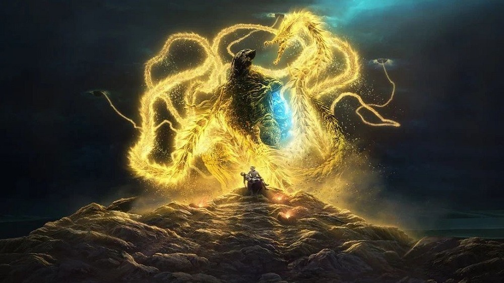 Shadow Ghidorah surrounds Godzilla