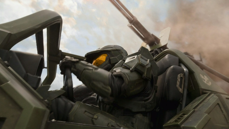 Master Chief driving a Warthog