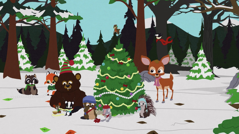 Woodland critters decorating tree