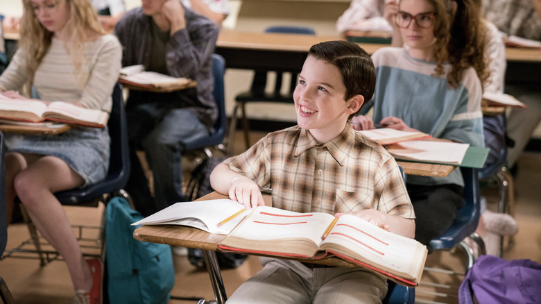 Sheldon looking excited in class